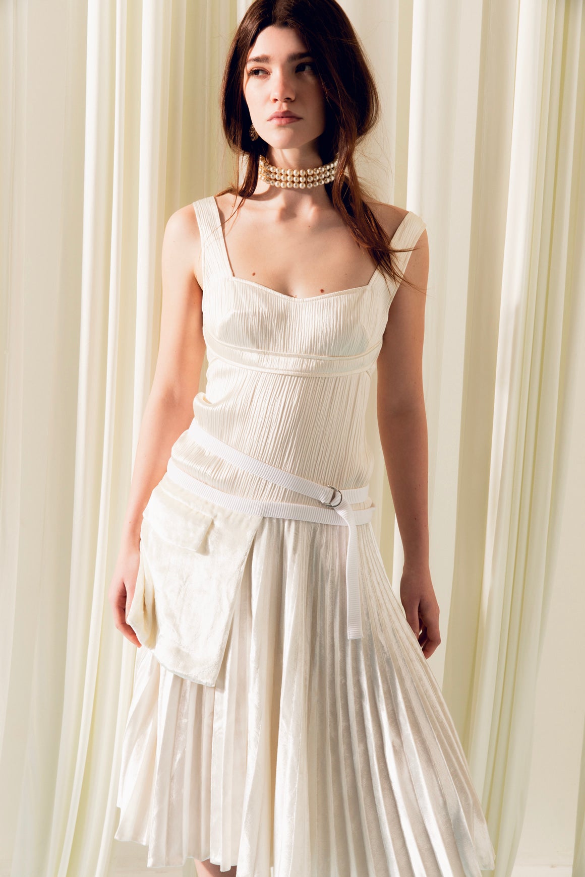 VICTORIA BECKHAM Cream Silk & Velvet Drop Waist Midi Dress (Sz. 8)