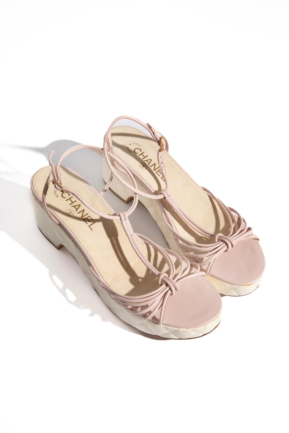 CHANEL Pink + Cream Quilted Platform Sandals (Sz. 39)