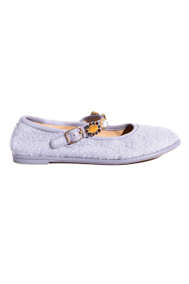 CHANEL 2024 Lilac Wool Tweed Gold Charm Pearl Mary Jane Flats (Sz. 38)
