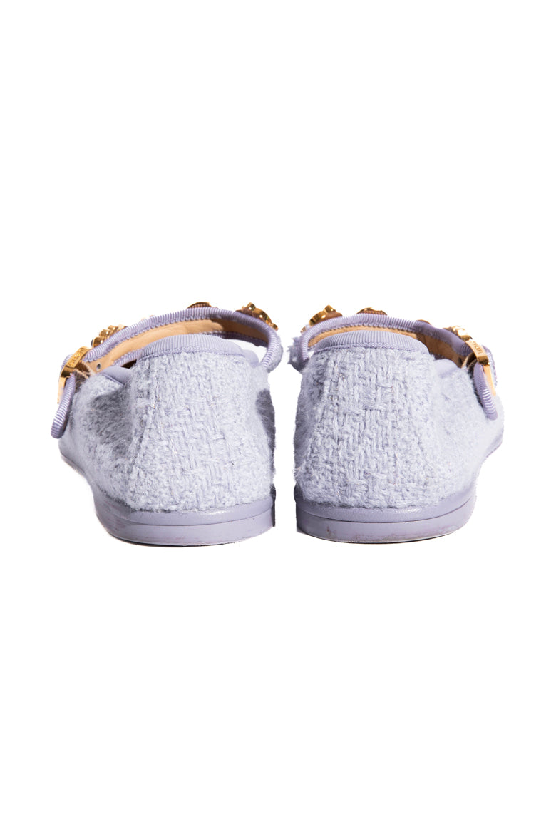 CHANEL 2024 Lilac Wool Tweed Gold Charm Pearl Mary Jane Flats (Sz. 38)