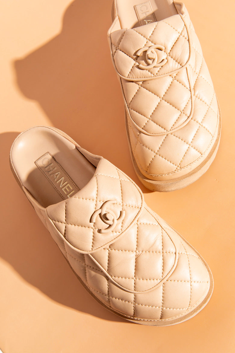 CHANEL Beige CC Turnlock Quilted Nappa Platform Mules (Sz. 38)