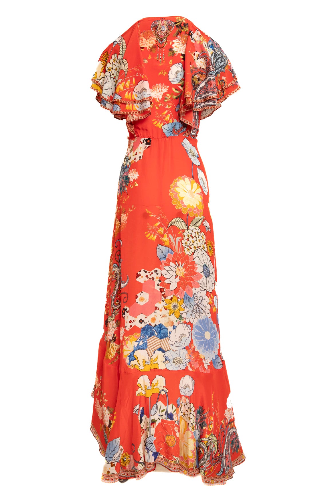 CAMILLA Red Multi Floral Print Silk Flutter Sleeve Maxi (Sz. XS)