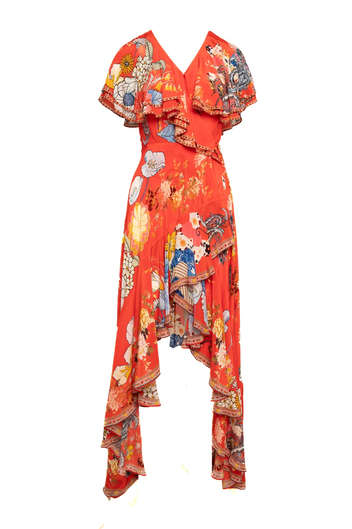CAMILLA Red Multi Floral Print Silk Flutter Sleeve Maxi (Sz. XS)