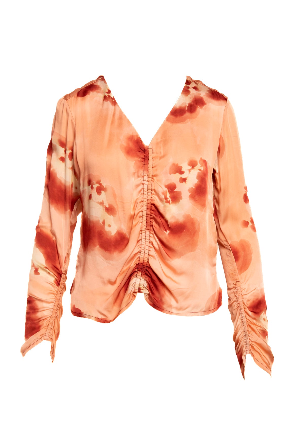 MARIACHER Peach Watercolor Print Satin Top + Maxi Skirt Set (Sz. M)