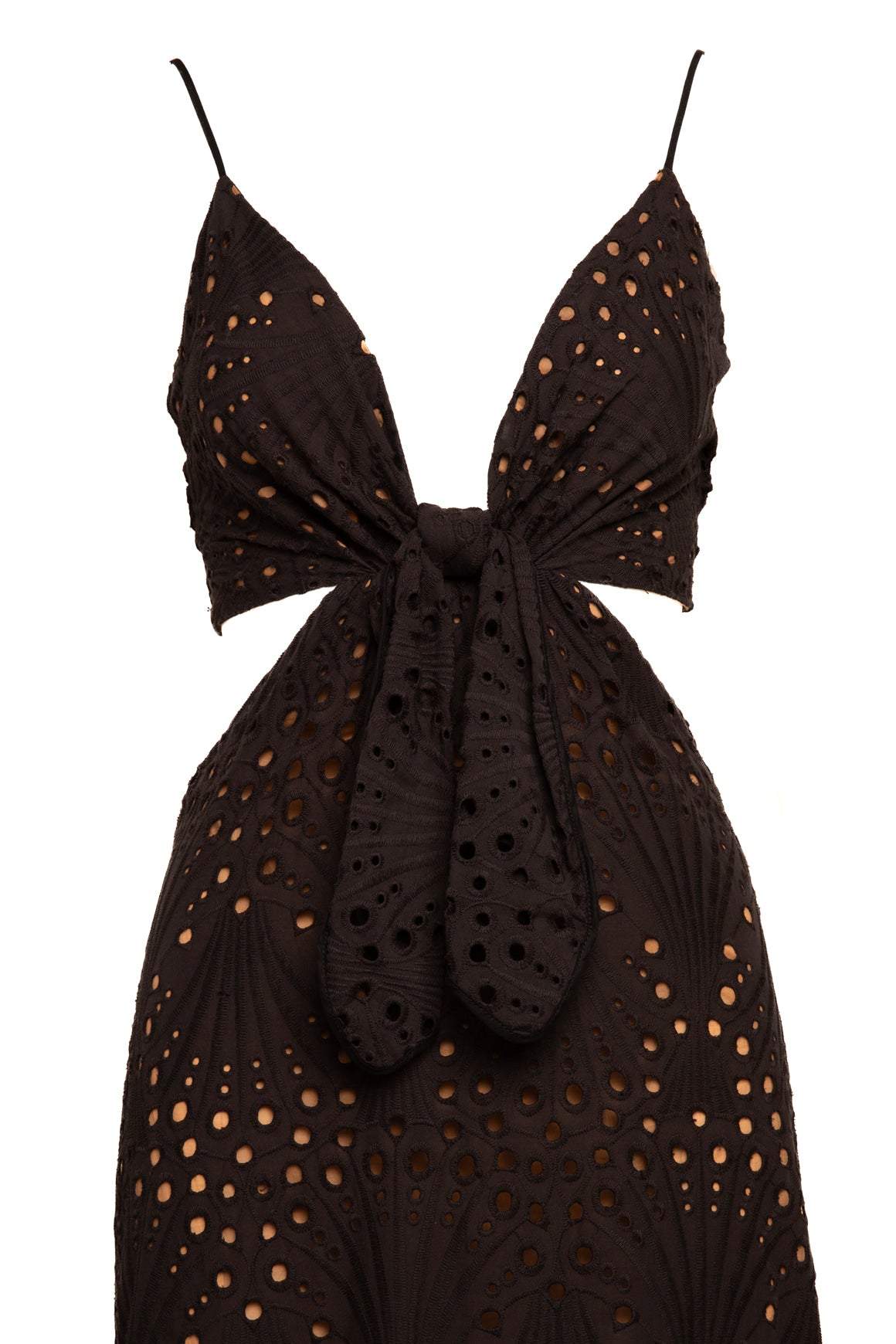 JOHANNA ORTIZ Black Eyelet Halter Raffia Ruffle Maxi Dress (Sz. 6)
