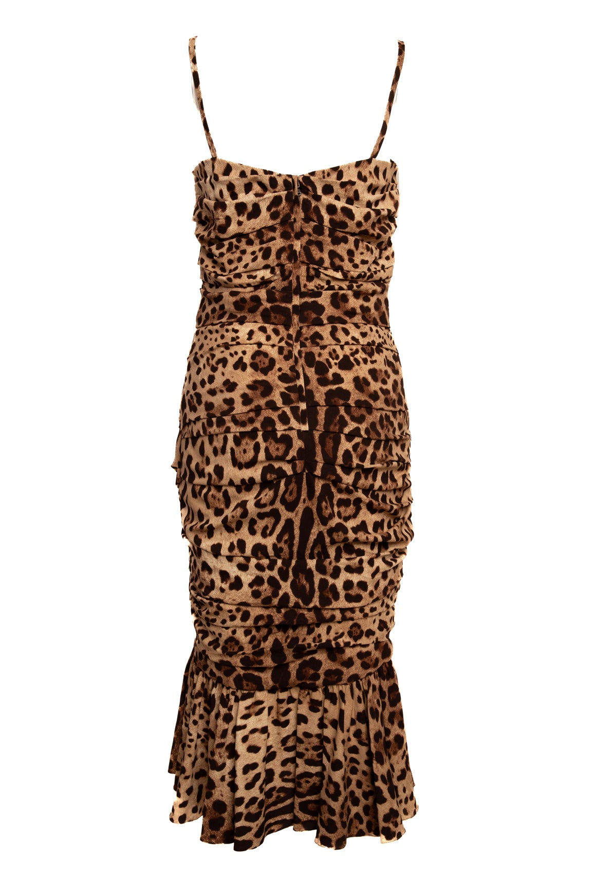 DOLCE & GABBANA Leopard Silk Ruched Bodycon Midi Dress (Sz. 8)
