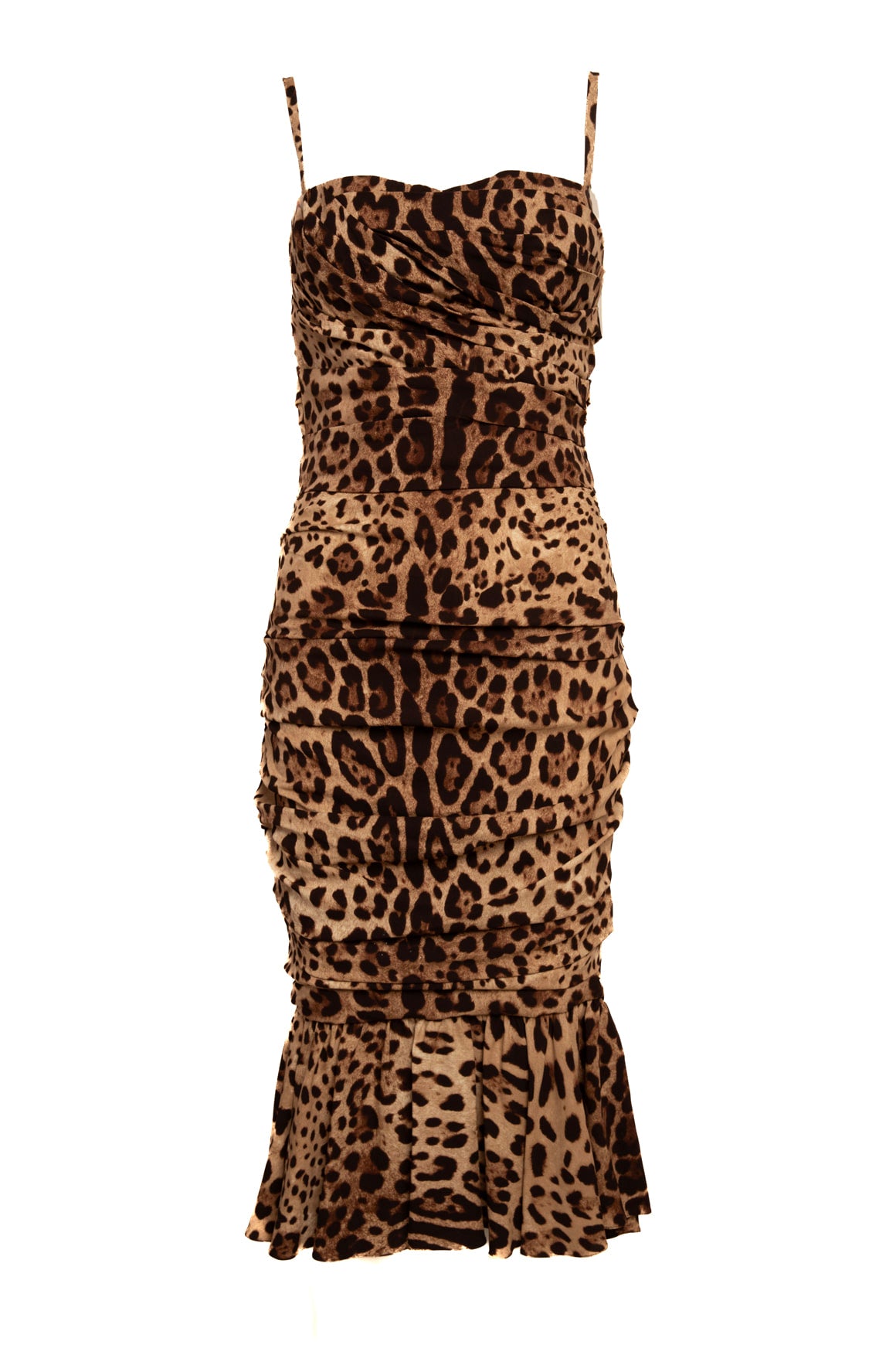 DOLCE & GABBANA Leopard Silk Ruched Bodycon Midi Dress (Sz. 8)