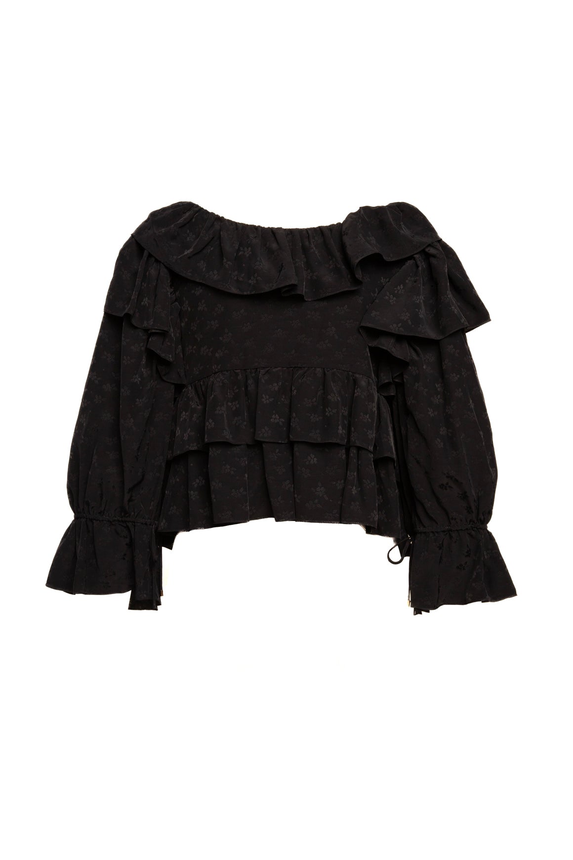 CHLOE Black Floral Satin Ruffle Blouse (Sz. 36/0)